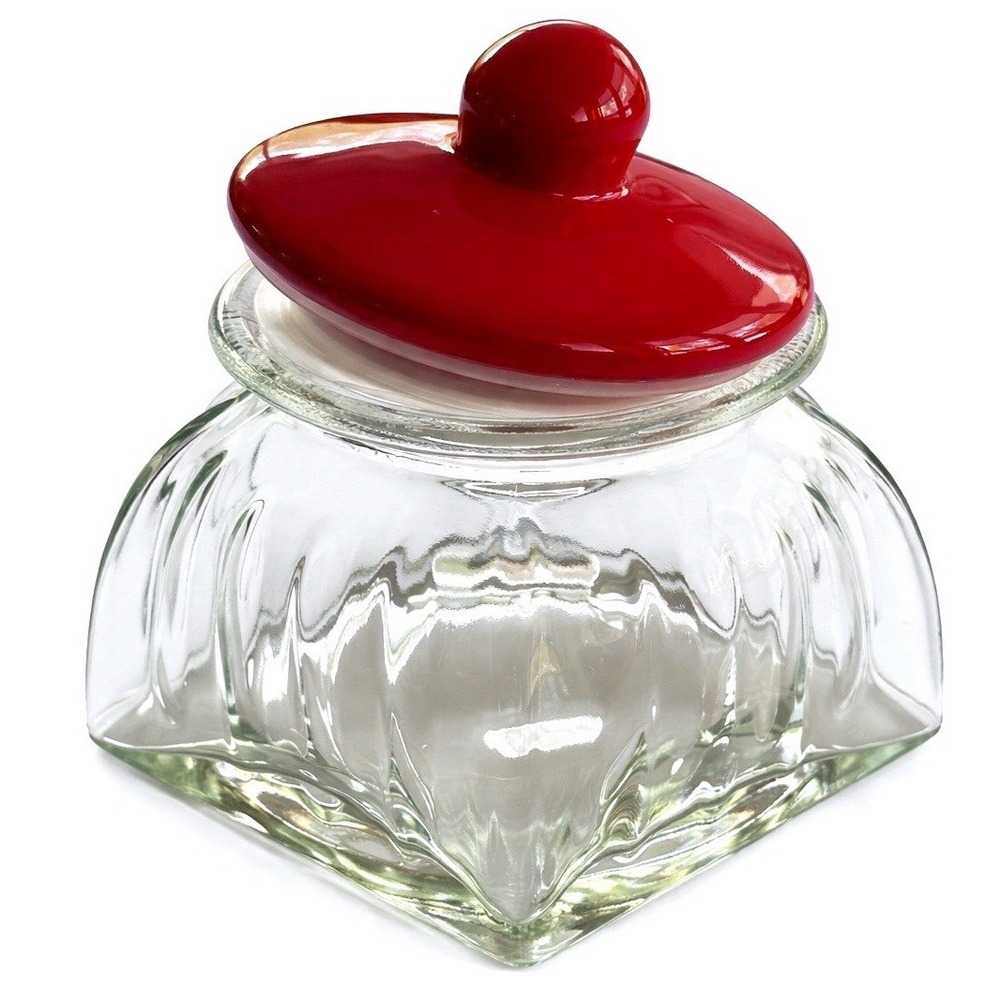 VTG MCM Clear Glass Apothecary Canister Ruby Red Ceramic Lid WhimsicalStyle